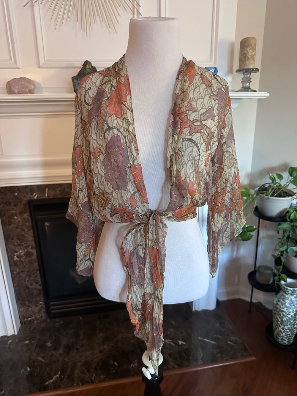 Andre Oliver Sheer Floral Kimono Shrug in Beige and Rust
